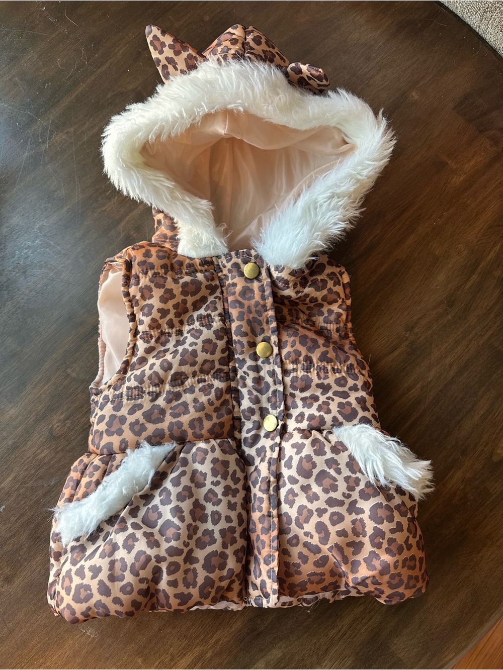 Girls Leopard Print Hooded Vest with Faux Fur Trim